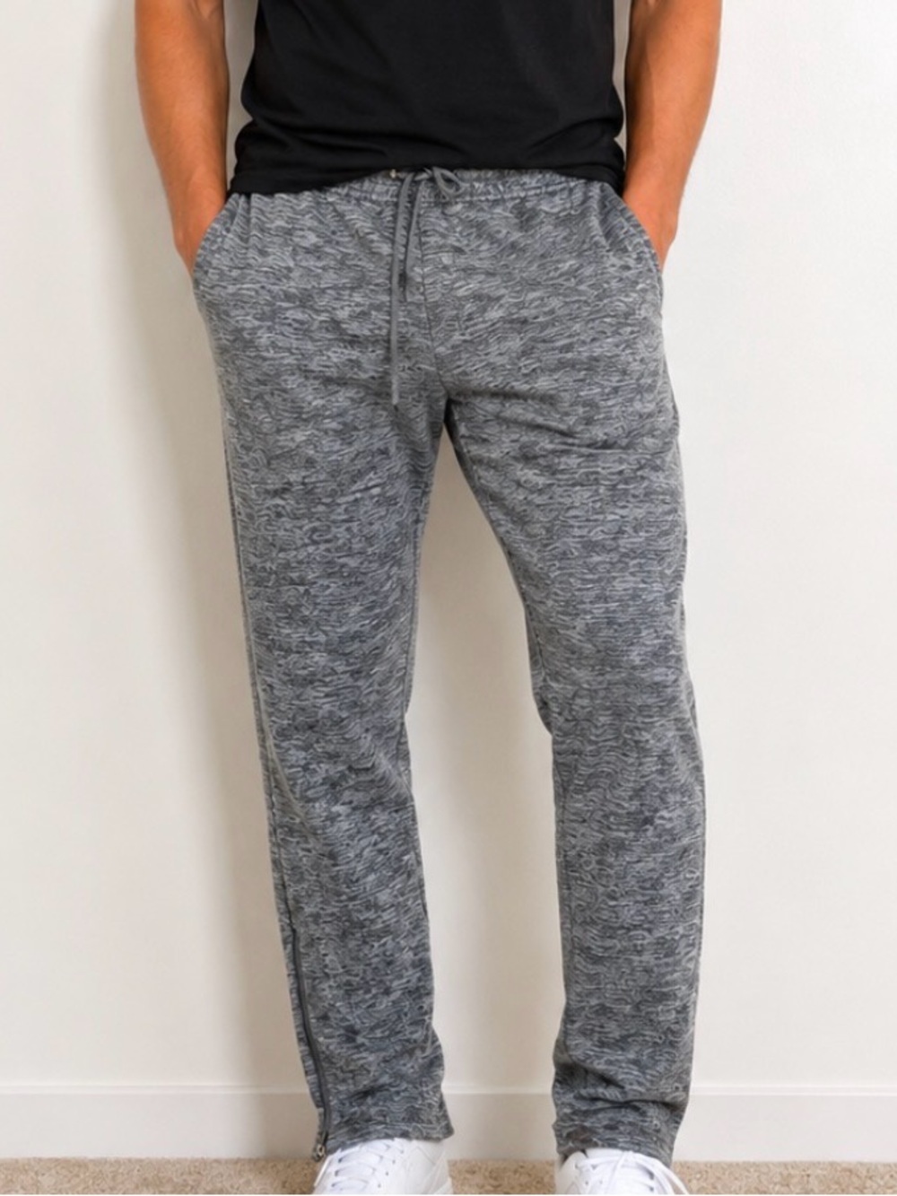Men's Gray Knit Jogger Pants ankle zip fleece lined drawstring sweatpants SZ M